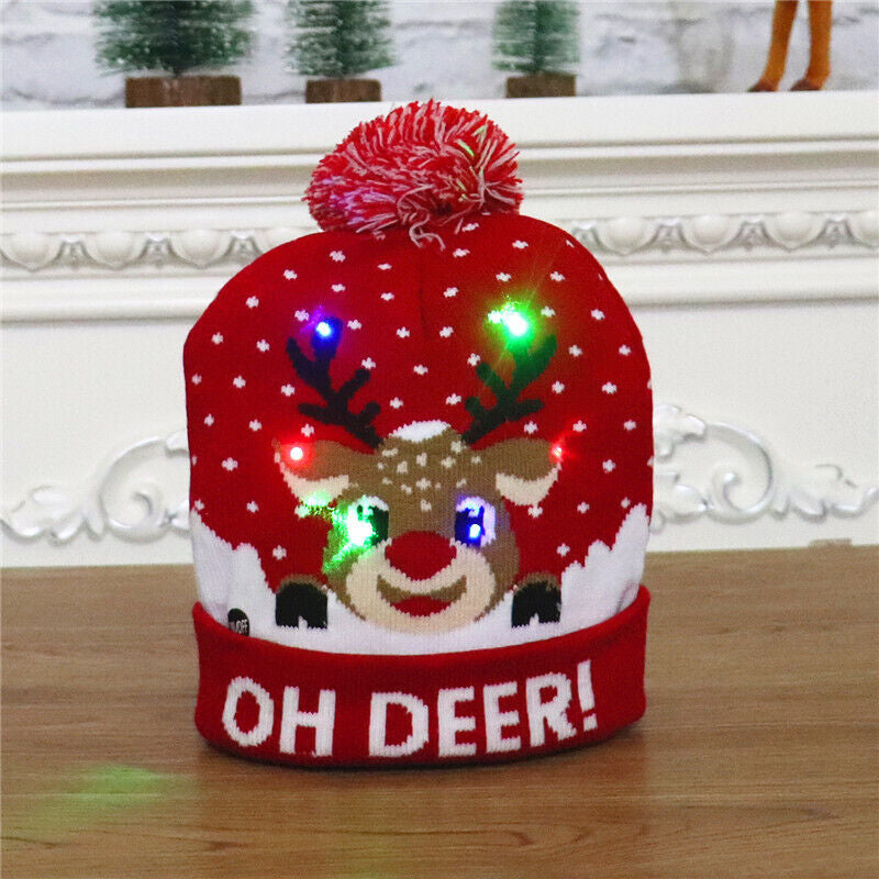 Cute LED Christmas Hat Light up Christmas Knitted Beanie Holiday Hat Warm Cap US