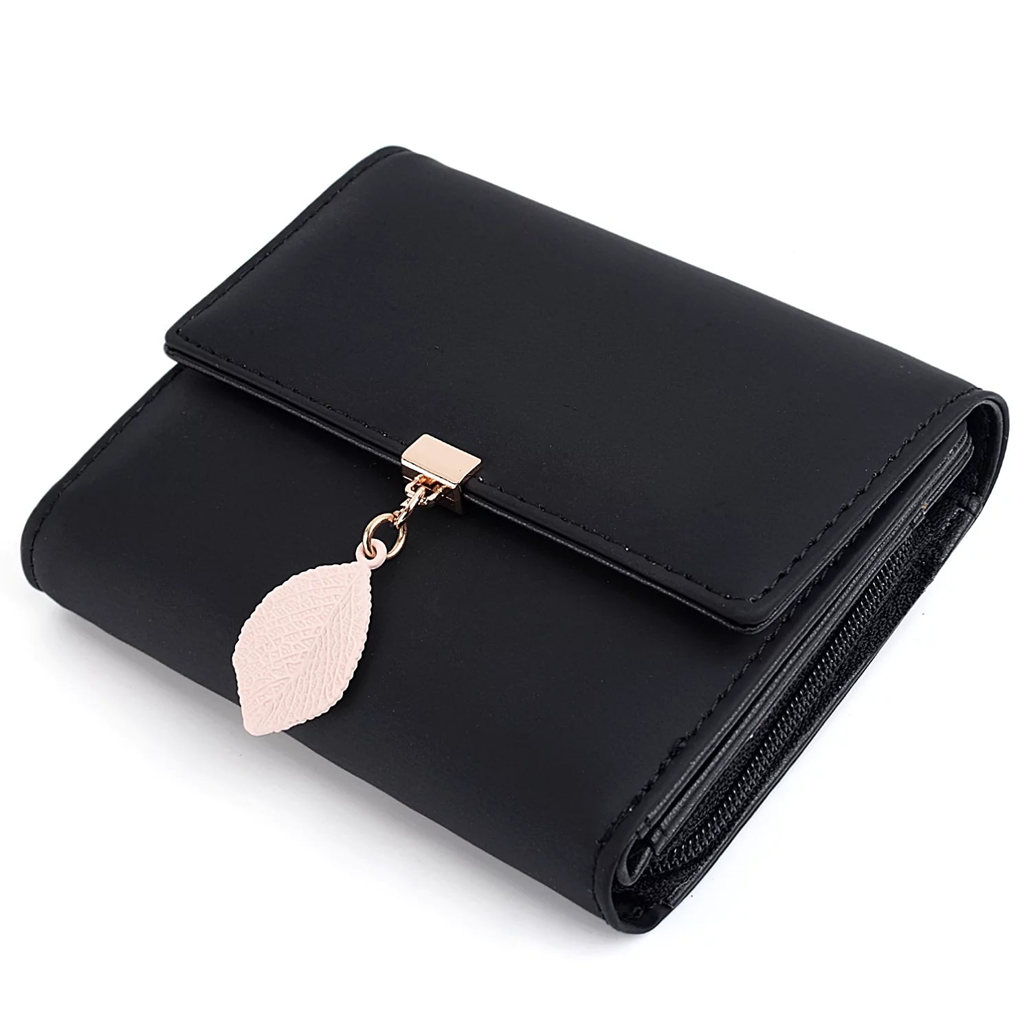 Small Wallet for Women PU Leather RFID Blocking Card Holder Zipper Coin Purse with Leaf Pendant(Black)