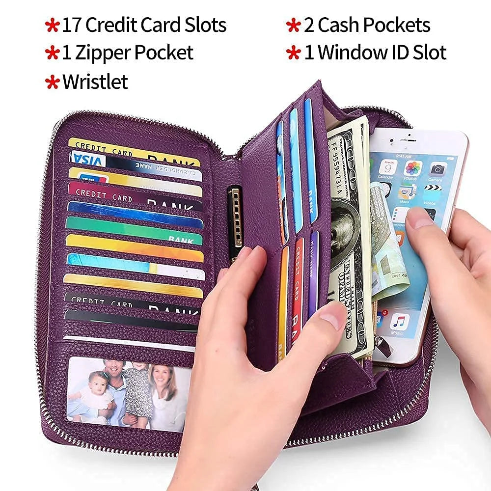 Women Leather Wallets RFID Blocking Zip around Credit Card Holder Phone Clutch