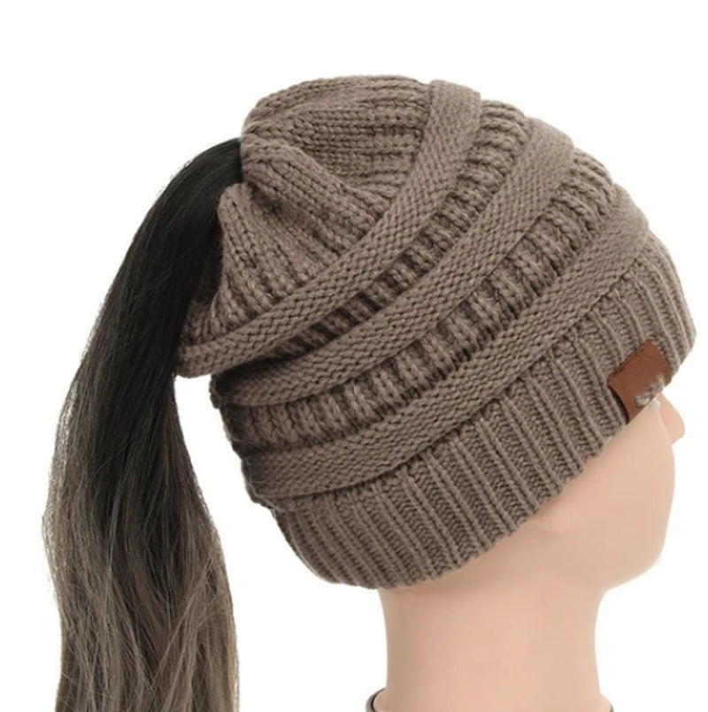 High Bun Ponytail Beanie Hat Chunky Soft Stretch Cable Knit Warm Fuzzy Lined Skull Beanie Acrylic Hats Men and Women