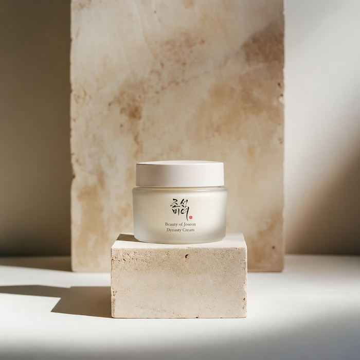 Beauty of Joseon Dynasty Cream jar displayed on a textured stone pedestal with a warm beige backdrop and soft natural shadows.