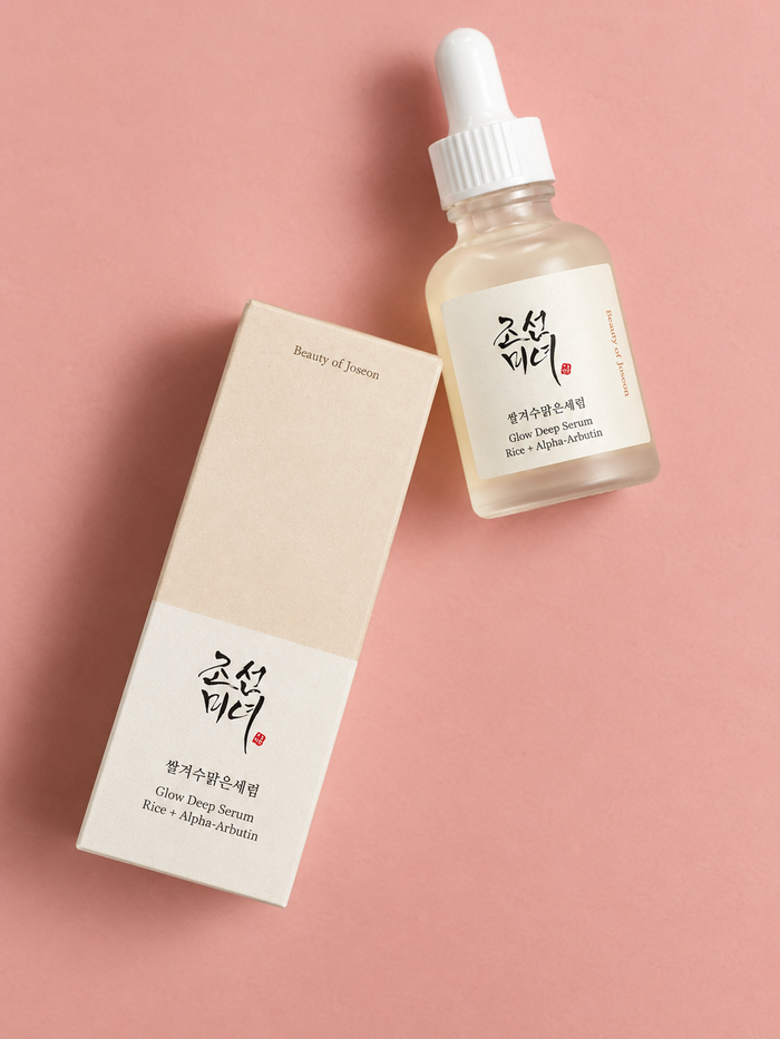 Beauty of Joseon Glow Deep Serum with rice and alpha-arbutin, 60 ml glass dropper bottle with a white cap and pale golden serum